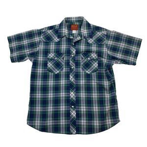 Rustler Western Shirt Mens L Large Blue Plaid Snap Button Lightweight XLong Tail